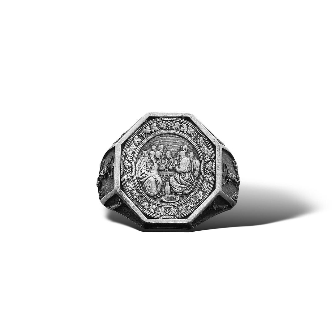 Last Supper Handmade Sterling Silver Men Band Ring, Last Supper Wedding