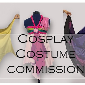 May include: An advertisement for cosplay costume commissions. The image shows three costumes: a red and yellow superhero outfit with a black cape, a pink and white dress, and a purple and gold costume with a long cape. Text overlay reads "Cosplay Costume Commission."