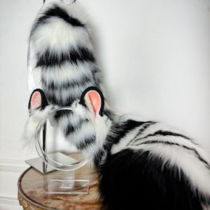 May include: A black and white faux fur tail and ear set. The ears have pink inner ear detailing. The tail is striped with black and white fur. The set is displayed on a decorative table with a clear stand.