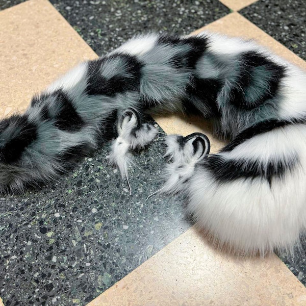 Realistic Faux fur Gray Snow leopard Ears and Tail