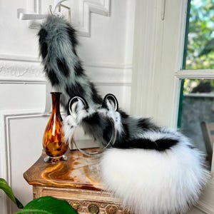 Faux fur Gray Snow leopard Ears and Tail