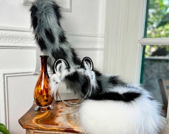 Faux fur Gray Snow leopard Ears and Tail
