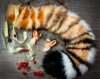 Realistic Faux fur Golden Tiger Ears and Tail