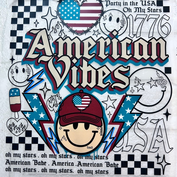 American Vibes Custom Unique Rock Style 4th of July Design | DTF Transfer Sheet | Ready to Press Direct to Film Print | DIY