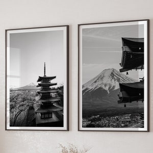 Japan Poster Set of 2 Printable Art, Black and White Wall Art, Instant Download, Mt Fuji, Mt Fuji from Fujiyoshida, Travel Poster, Original