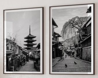 Japan Poster Set of 2 Kyoto Printable Art, Black and White Wall Art, Instant Download, Kyoto Street, Yasaka Pagoda, Travel Poster, Original