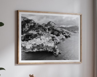 Amalfi Coast Printable Art, Black and White Wall Art, High Resolution Photography, Coastal Print, Ocean Art, Italy Print