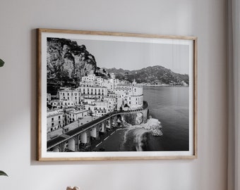 Amalfi Coast Printable Art Landscape, Black and White Wall Art, High Resolution Photography, Coastal Print, Ocean Art, Italy Print
