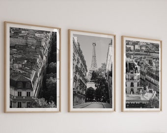 Paris Set of 3 Printable Art, Black and White Wall Art, Eiffel Tower, Parisian Building Rooftops, France Vintage Prints, Minimal Modern Art