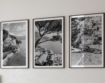 Amalfi Coast Prints Set of 3 Printable Art, Art mural noir et blanc, Atrani Print, Ravello Print, Positano Poster, Italy vintage Prints