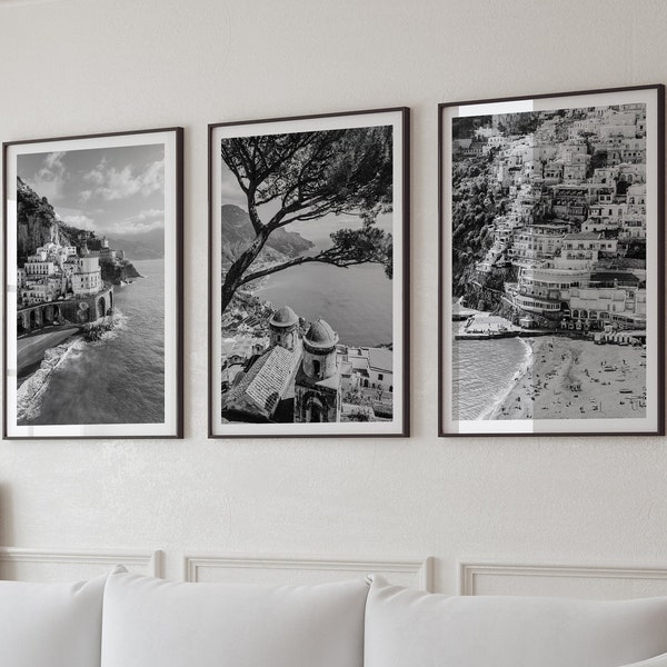 Amalfi Coast Prints Set of 3 Printable Art, Art mural noir et blanc, Atrani Print, Ravello Print, Positano Poster, Italy vintage Prints