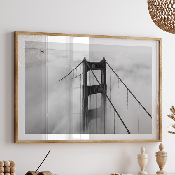 Golden Gate Bridge Poster, San Francisco Printable Art, Black and White Wall Art, Moody Fog, California Print, Vintage Art