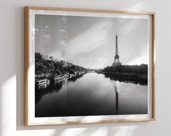 Eiffel Tower By The River Seine Printable Art, Paris Poster, Black and White Wall Art, High Resolution Photography, France B&W Print