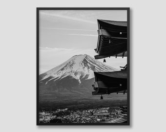 Mt Fuji Poster, Japan Printable Art, Black and White Wall Art, High Resolution Photography, Snowy Mountain Print, Japanese Pagoda Art
