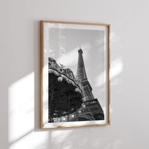 Eiffel Tower Carousel Printable Art, Paris Poster, Black and White Wall Art, High Resolution Photography, France B&W Print