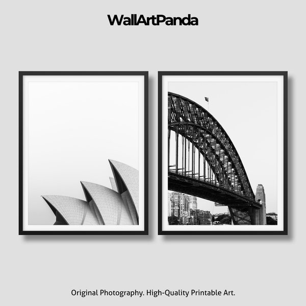 Sydney Poster Set of 2 Printable Art, Black and White Wall Art, Instant Download, Sydney Opera House, Sydney Harbour Bridge, Travel Poster