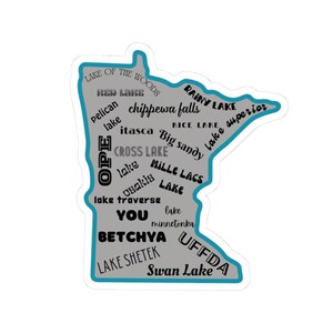 Pegatinas troqueladas del estado de Minnesota, calcomanías para botellas de agua, laptop y auto, vinilo resistente a la intemperie, diseño con nombres de lagos.