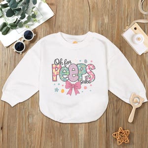 Happy Easter Romper Sweatshirt, Oh For Peeps Sake Romper, Pink Easter Baby, Bunny Bow, Easter Egg Baby Girl, Coquette Easter Baby Clothes