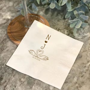 Personalized Swan Heart Wedding Cocktail Napkin, Engagement Party Napkins, Bridal Shower, Vintage Romantic, Cocktail and Luncheon Napkins