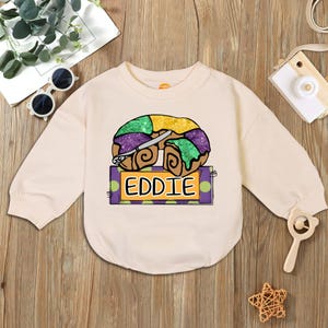 Personalized King Cake with Name Plate Romper, Mardi Gras Coquette Bow Romper, Mardi Gras King Cake Knife Baby Outfit, Baby Shower