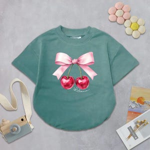 Personalized Coquette Cherry Bow Romper, Cherry Sweet Coquette Short Sleeves, Cute Baby, Watercolor Cherries with Pink Ribbon Baby Gift