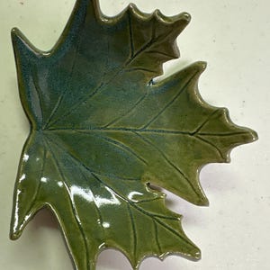May include: A ceramic leaf-shaped dish with a glossy finish. The dish is primarily green with darker green and blue accents, mimicking the natural colours of a leaf. The dish has detailed veining and a textured surface.