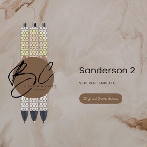 May include: Three white and yellow patterned pens with black caps. The pens are arranged vertically and have a logo that says "Blessed & Craft" in a brown circle. The text "Sanderson 2" and "SS10 Pen Template" are in brown text. A brown button says "Digital Download".