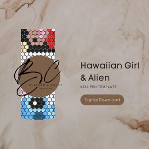 Könnte beinhalten: Eine digitale Vorlage für einen Stift mit einem Design eines hawaiianischen Mädchens und eines Aliens. Das Design verwendet ein Raster aus kleinen Kreisen in verschiedenen Farben, darunter Braun, Rosa, Rot, Schwarz und Blau. Der Text "Hawaiian Girl & Alien" wird angezeigt.