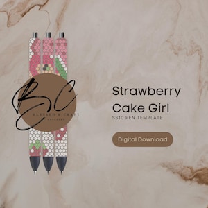 May include: Three pink and green patterned pens with the text "Strawberry Cake Girl SS10 Pen Template" and a button that says "Digital Download".