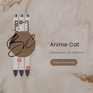 Puede incluir: Plantilla de descarga digital para un bolígrafo de puntos de diamante con un diseño de gato de anime. La plantilla es para tres bolígrafos, cada uno con un patrón geométrico blanco y negro con flores rojas y amarillas. La plantilla es de Blessed & Craft Obsessed.