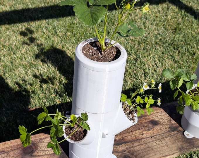 Featured listing image: Strawberry growing tower. 3D printed planter for 3 plants. Updated design for easy planting, drip irrigation and drainage. Food-grade PETG.
