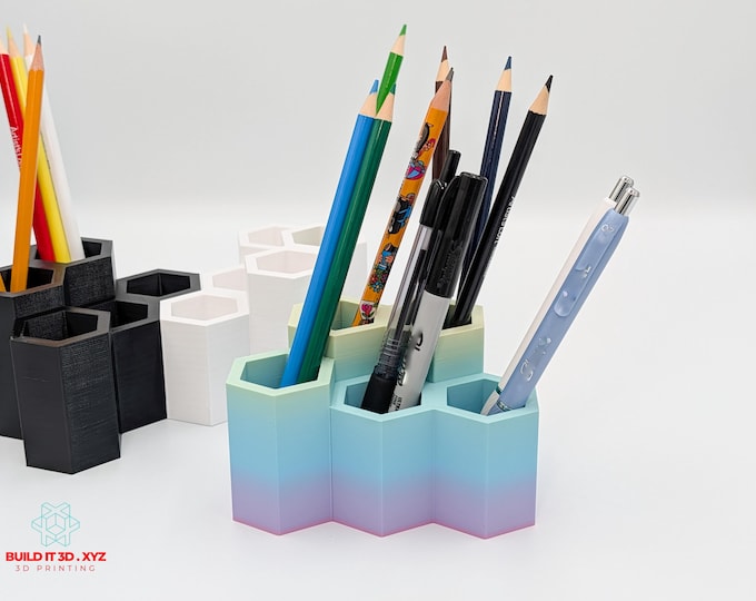 Featured listing image: Modern Honeycomb Desk Organizer - Geometric Pen and Pencil Holder - 3D Printed Office Decor & Stationery Storage - Minimalist Hexagon shape