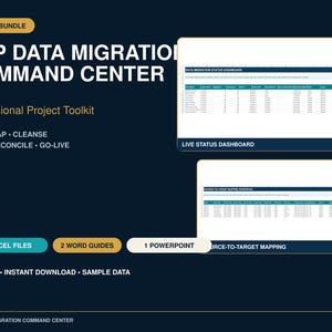 Może przedstawiać: Pakiet 17 plików dla SAP Data Migration Command Center zawierający 14 plików Excel, 2 przewodniki Word i 1 PowerPoint. Zestaw zawiera pulpit nawigacyjny stanu na żywo oraz skoroszyt mapowania źródła do celu z edytowalnymi danymi.