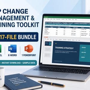 May include: A digital toolkit bundle for SAP change management and training, featuring 17 files including 10 Excel, 6 Word, and 1 PowerPoint document. A laptop displays a dashboard and training strategy slide, alongside a mug and notebook.