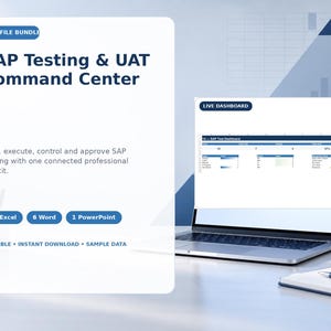 May include: A 17-file bundle titled SAP Testing & UAT Command Center, featuring 10 Excel, 6 Word, and 1 PowerPoint files. The digital toolkit includes a live dashboard display on a laptop screen, with text indicating editable, instant download, and sample data.