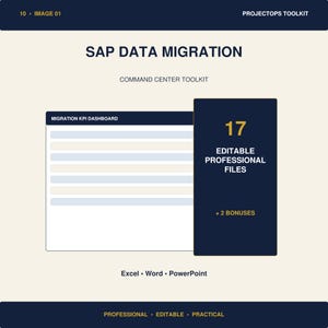 May include: A digital toolkit for SAP data migration featuring a dashboard interface, 17 editable professional files, and 2 bonuses. The layout includes text headers, a migration KPI dashboard graphic, and labels for Excel, Word, and PowerPoint.