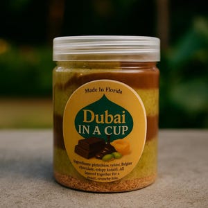 May include: A clear plastic jar with a white lid, filled with layered dessert. The label reads "Dubai IN A CUP" and "Made In Florida." Ingredients include pistachios, tahini, and Belgian chocolate. The dessert is layered for a sweet, crunchy bite.