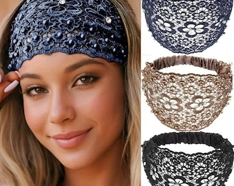 Elegant Beaded&Rhinestone Flower Headbands, Wide Stretchy Hair Accessories for Women, Perfect for Casual, Wedding and Daily Wear