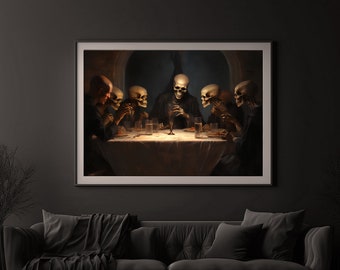 Printable Halloween Wall Art, Halloween Skeleton Dinner Party, Halloween art, Moody Halloween Prints, Digital Download