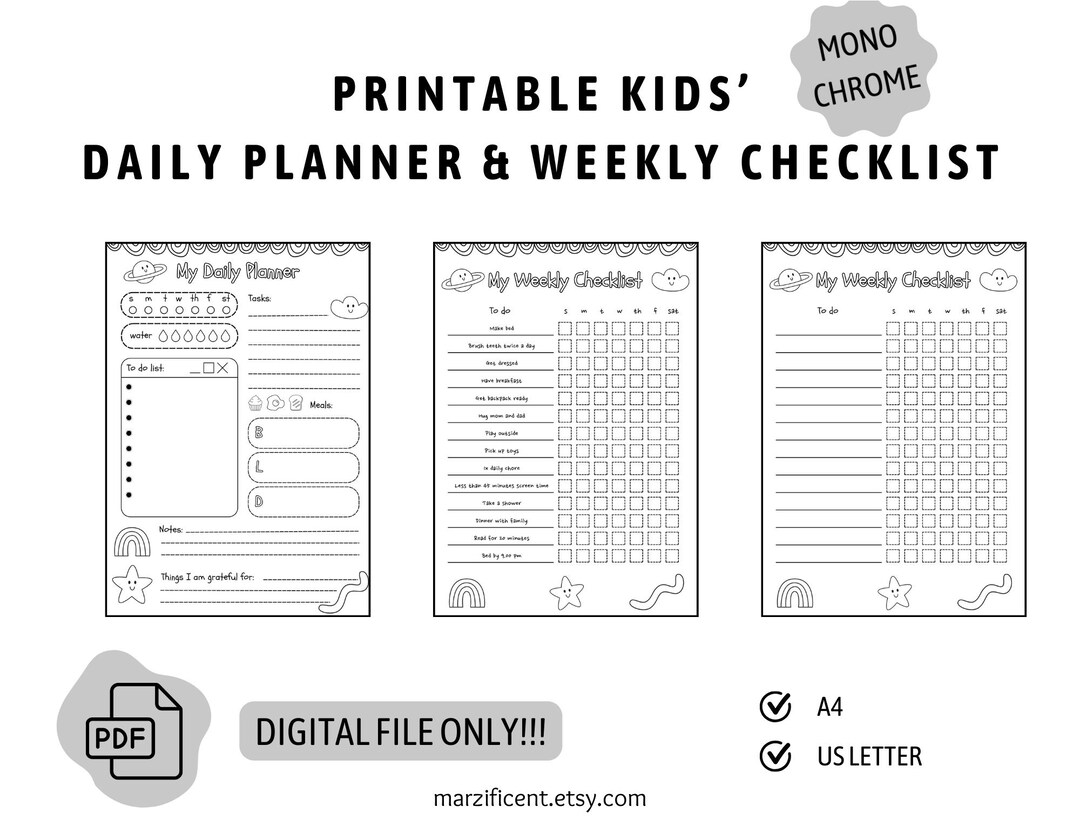 Kids Daily Planner and Weekly Checklist Printable (monochrome Theme) - Etsy