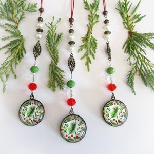 Evergreen Christmas Tree Ornament with Holly Berries | Cute Modern Christmas Gifts | Beaded Garland Tassels | Unique Rearview Mirror Hangers