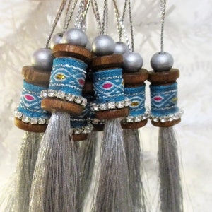 Blue and Silver Christmas Tassels | Unique Christmas Ornaments | Modern Colorful Christmas Decor | One of a Kind Handmade Wood Ornaments