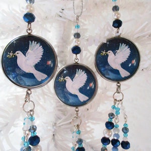 Peace Dove Christmas Ornament: Blue Beaded Tassel Charm, Unique Garland