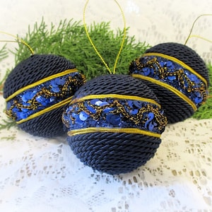 Elegant Blue and Gold Ornaments | Sequined Blue Christmas Ornaments | Premium Handmade Christmas Tree Decorations | High End Holiday Decor