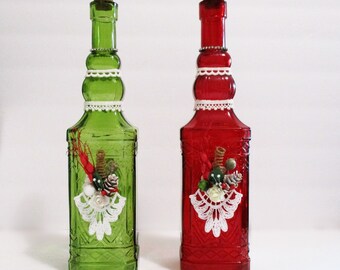 Set of 2 Decorated Bottles | Christmas Mantel Decor Christmas Centerpiece Red and Green Glass Bottle Vase | Candle Holders or Lighted Bottle