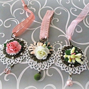 6 Shabby Pink Ornaments Set | Premium Handmade Shabby Chic Christmas Decor | Lace Christmas Ornaments | Floral Bronze Filigree Ornaments