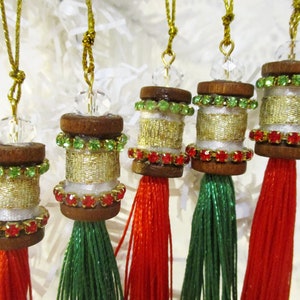 Red Green and Gold Christmas Ornaments | Traditional Christmas Decorations | Glam Rhinestone Ornament | One of a Kind Silk Tassel Garland