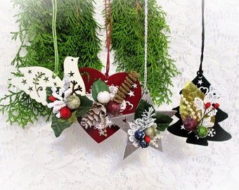 Handmade Laser Cut Wood Christmas Ornaments: Farmhouse Decor Set of 4