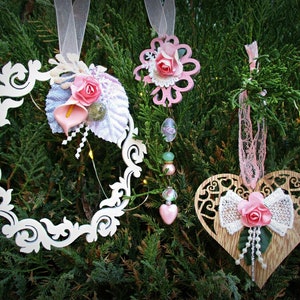 Handmade Pink Christmas Ornaments: Shabby Chic Beaded Wood Decor, Vintage Victorian