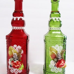 Decorated Glass Bottle Set: Red & Green Christmas Mantel Decor, Set of 2